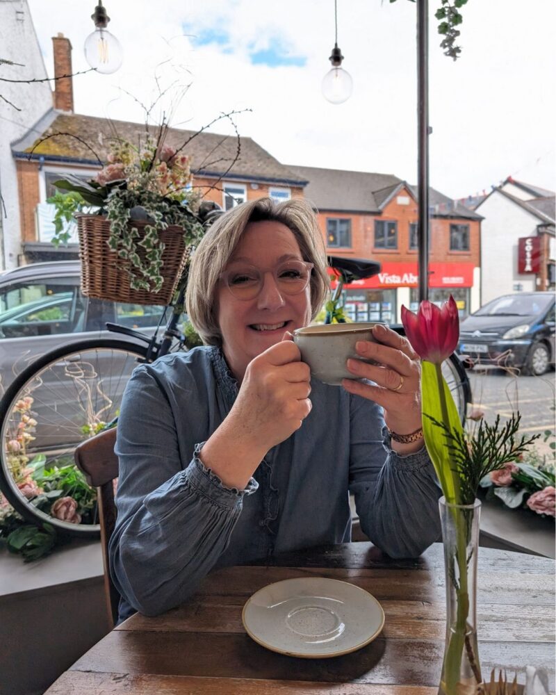 Samantha Dixon MBE MP enjoying a hot beverage in Neston